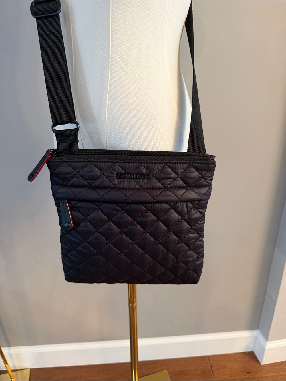 MZ WALLACE Black Nylon Messenger Crossbody with Red Trim